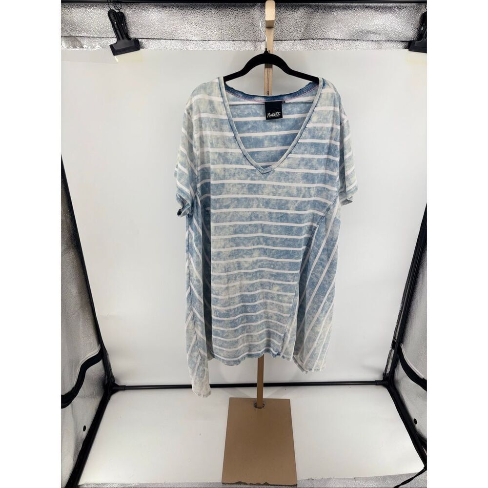 Nanette Lepore Striped V-Neck Tee Acid Wash Blue White Plus Size 3X Cotton